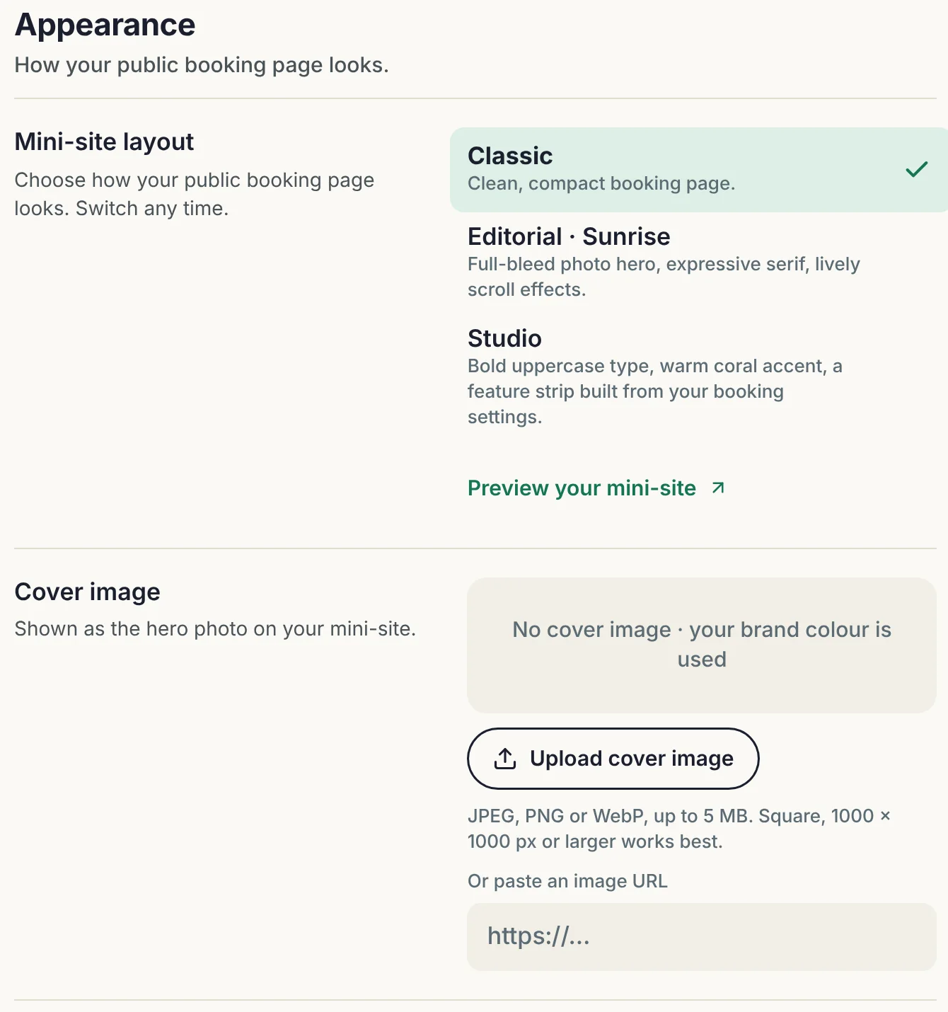 Settings, Appearance: mini-site layout choices Classic, Editorial and Studio, a cover image upload, and brand colour swatches.