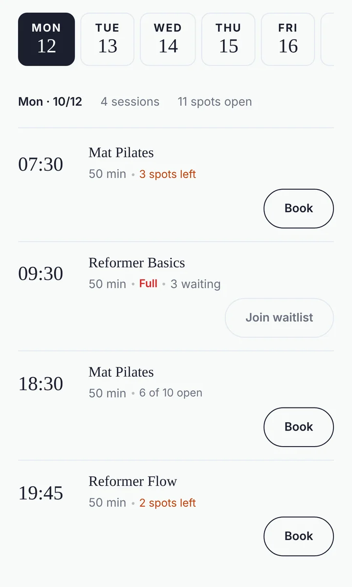 A studio booking page on a phone showing four classes for Monday, with spots left, Book buttons, and a full Reformer class offering Join waitlist.
