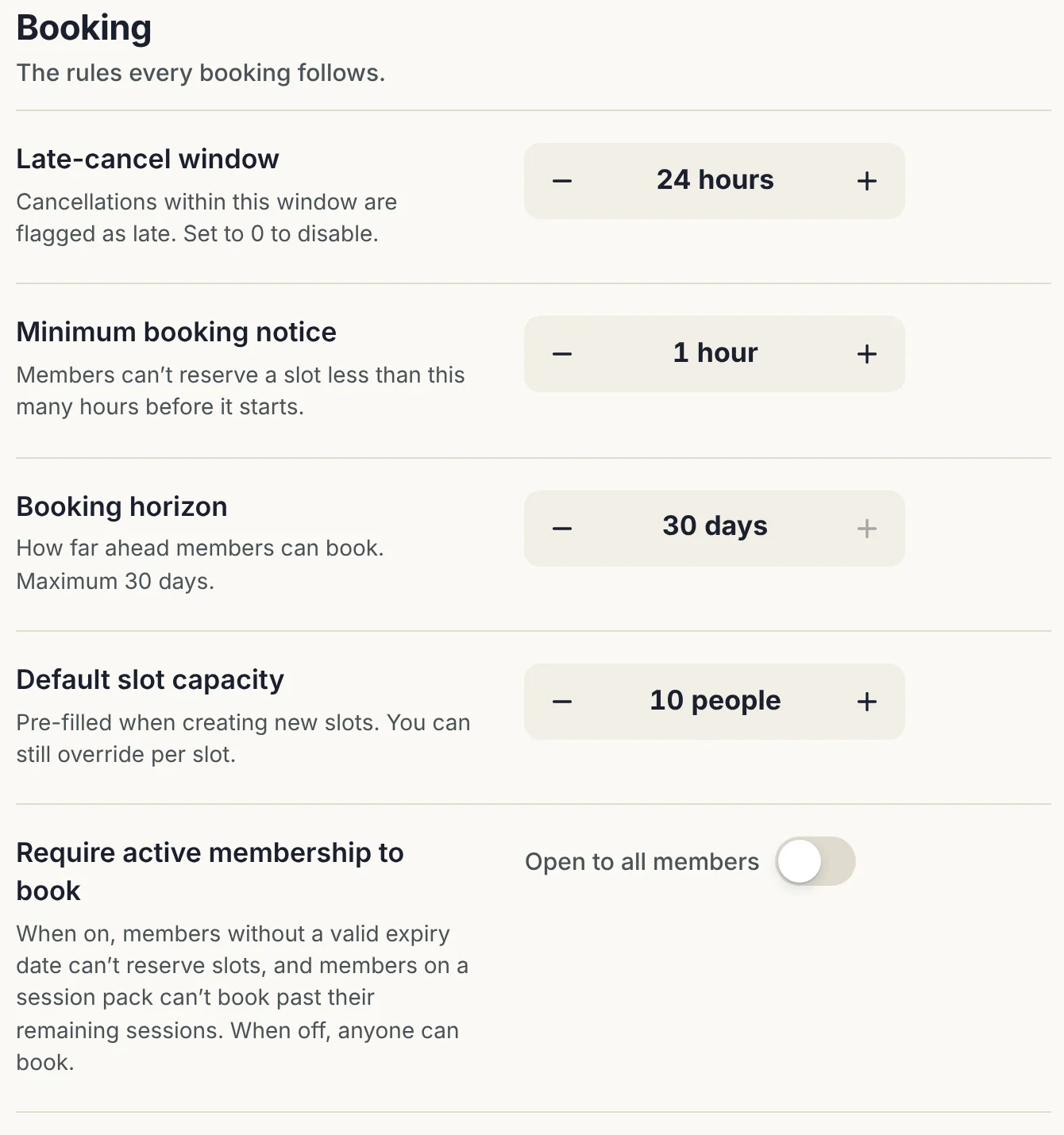 The Booking section of GettingBooked settings: Late-cancel window 24 hours, Minimum booking notice 1 hour, Booking horizon 30 days, Default slot capacity 10 people, and a Require active membership to book switch.