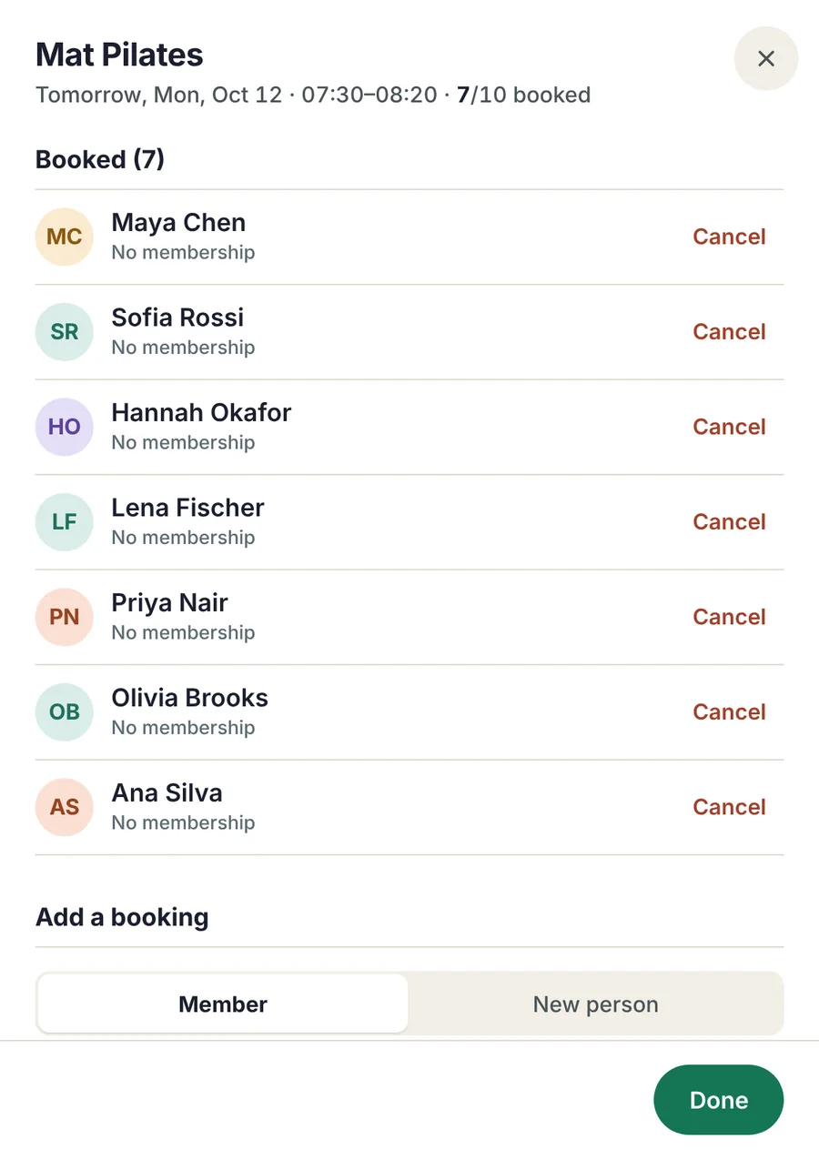 A class panel for Mat Pilates, 7 of 10 booked, listing the seven members with a Cancel action each, and an Add a booking section with Member and New person options.