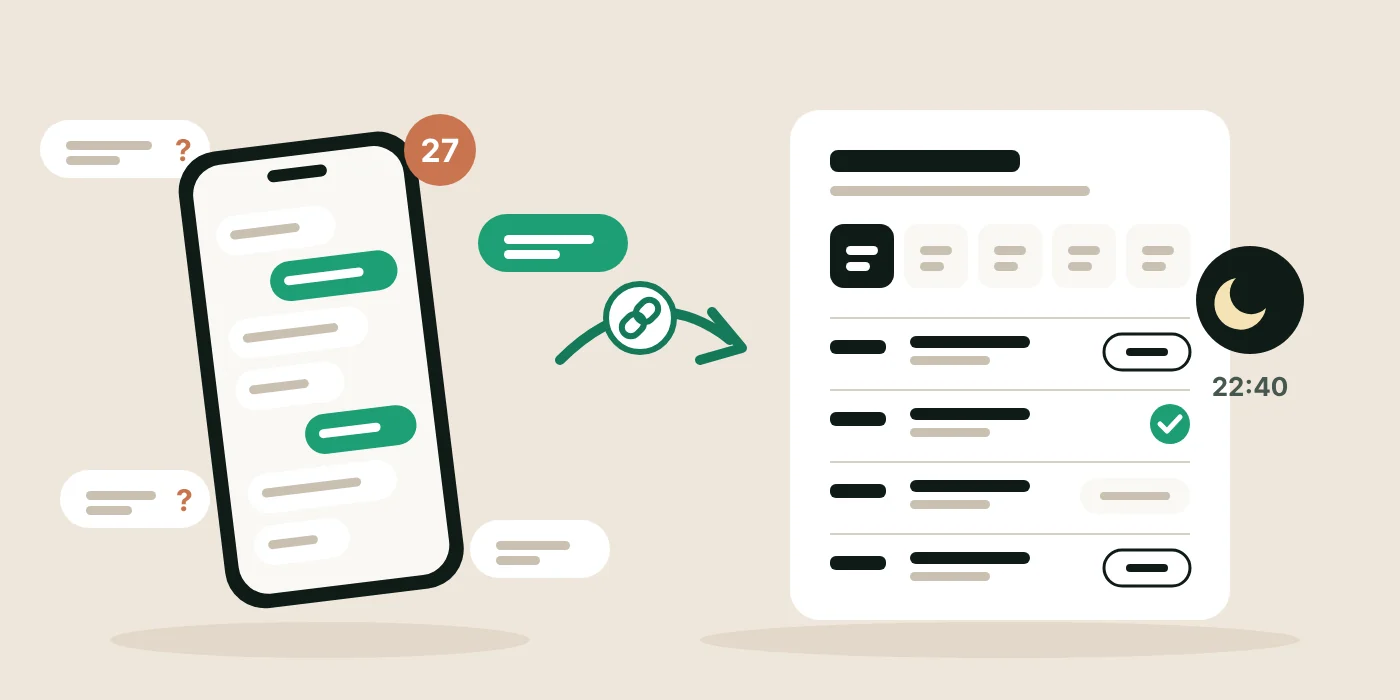 A phone full of booking messages and a link arrow leading to a tidy booking page with class rows, one booked and one full.