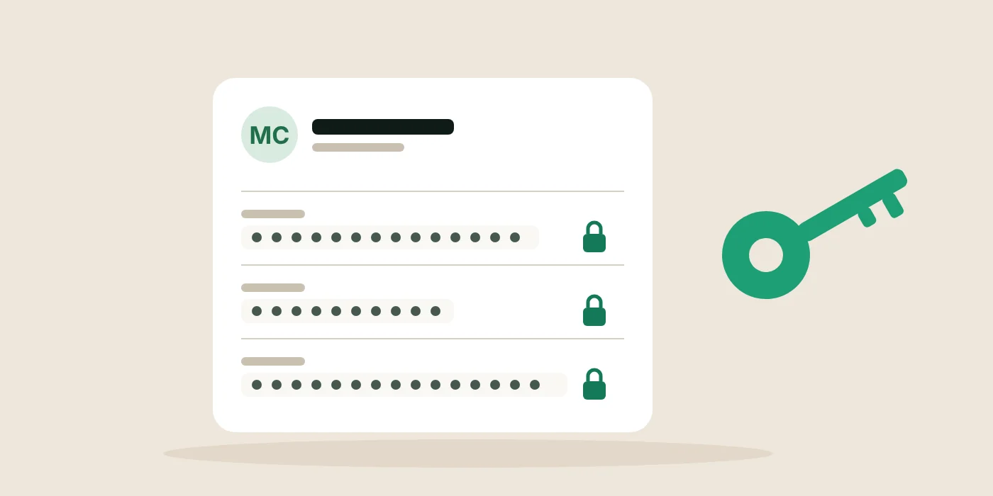 A member record with the name readable and the email, phone and notes fields shown as locked dots, beside a key.