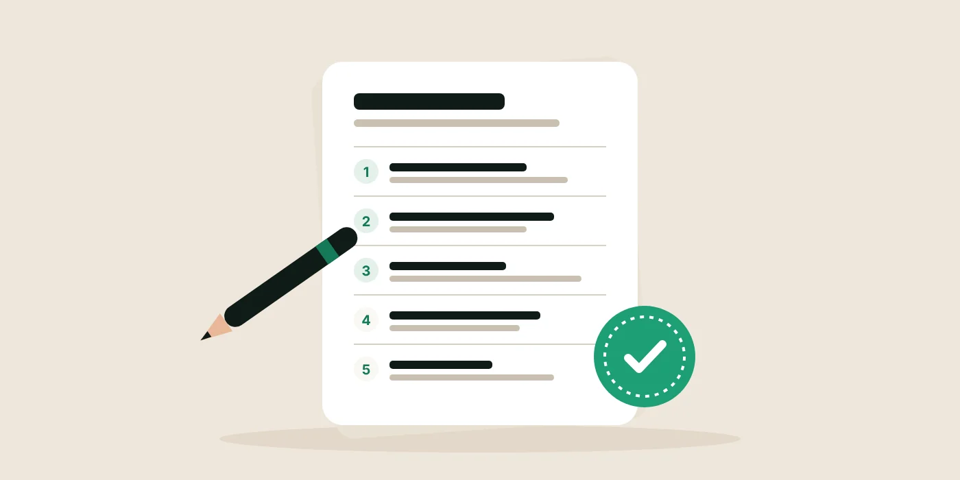 A short document with five numbered sections, a pen and a green seal with a check mark.