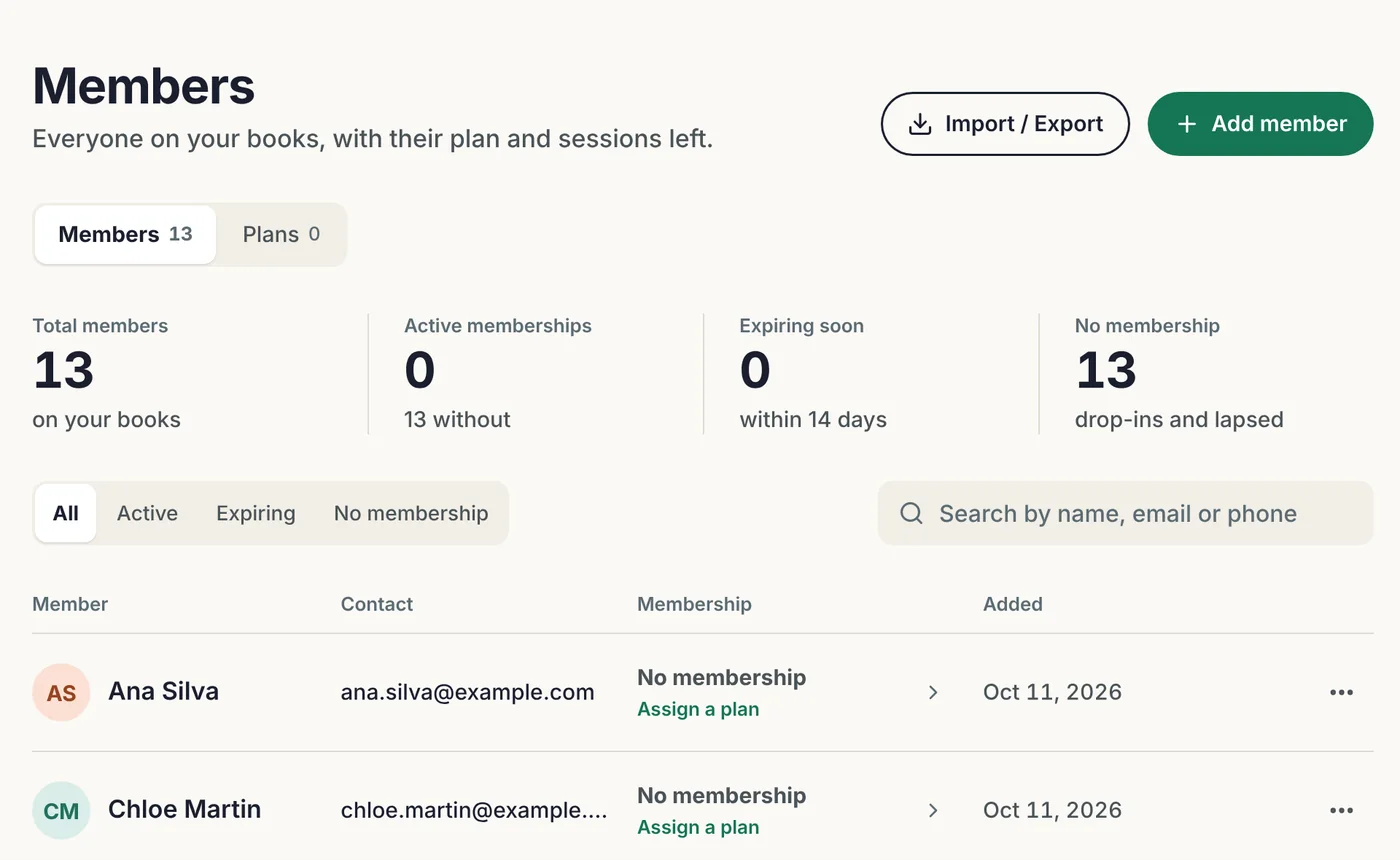 The Members tab: 13 members, membership counts, filters for All, Active, Expiring and No membership, a search field, and member rows with contact, plan and date added.