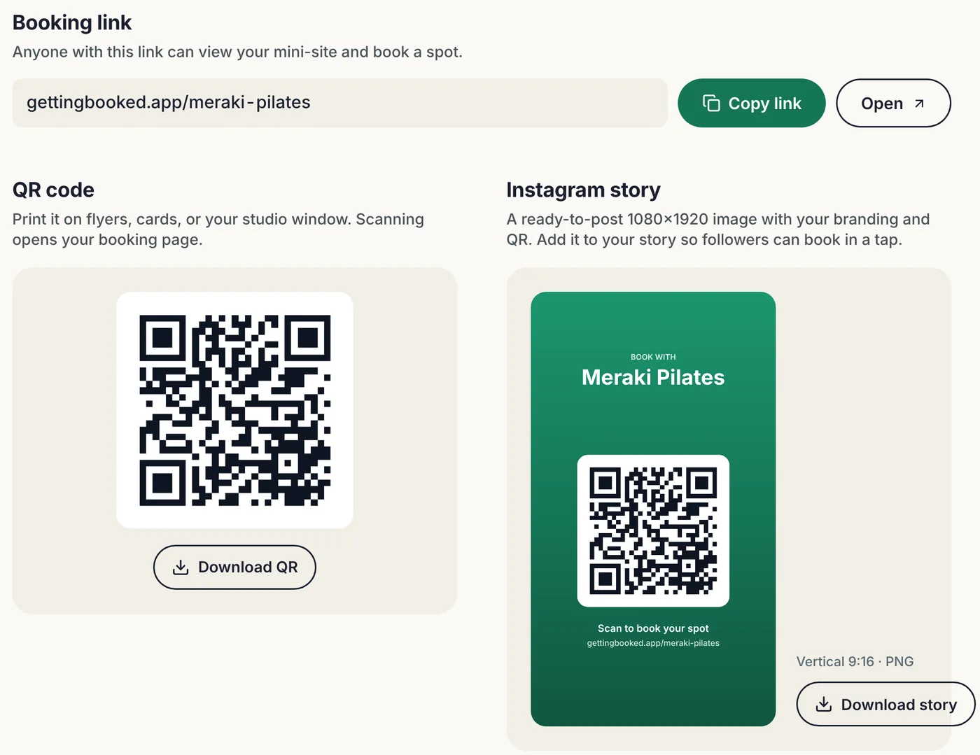 The Share tab in the GettingBooked admin, with the booking link, a Copy link button, a QR code and an Instagram story image.