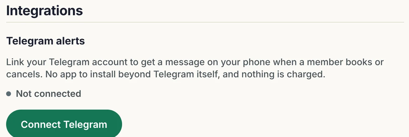 Settings, Integrations: Telegram alerts, Not connected, with a Connect Telegram button.