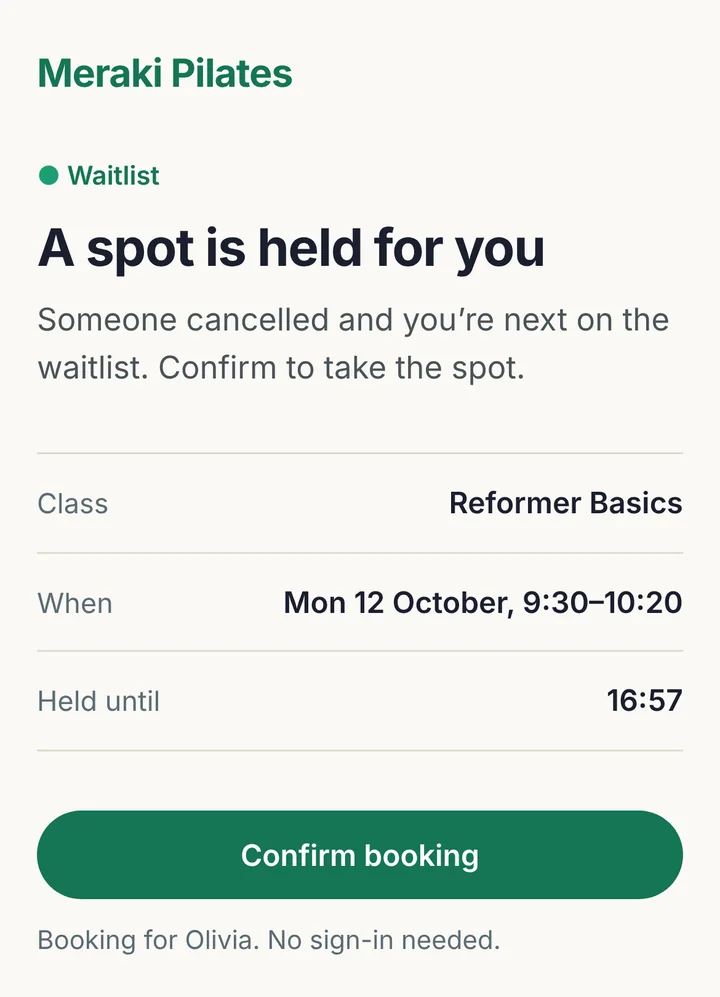 The offer page: A spot is held for you. Reformer Basics, Mon 12 October 9:30 to 10:20, held until 16:57, with a Confirm booking button and the note No sign-in needed.