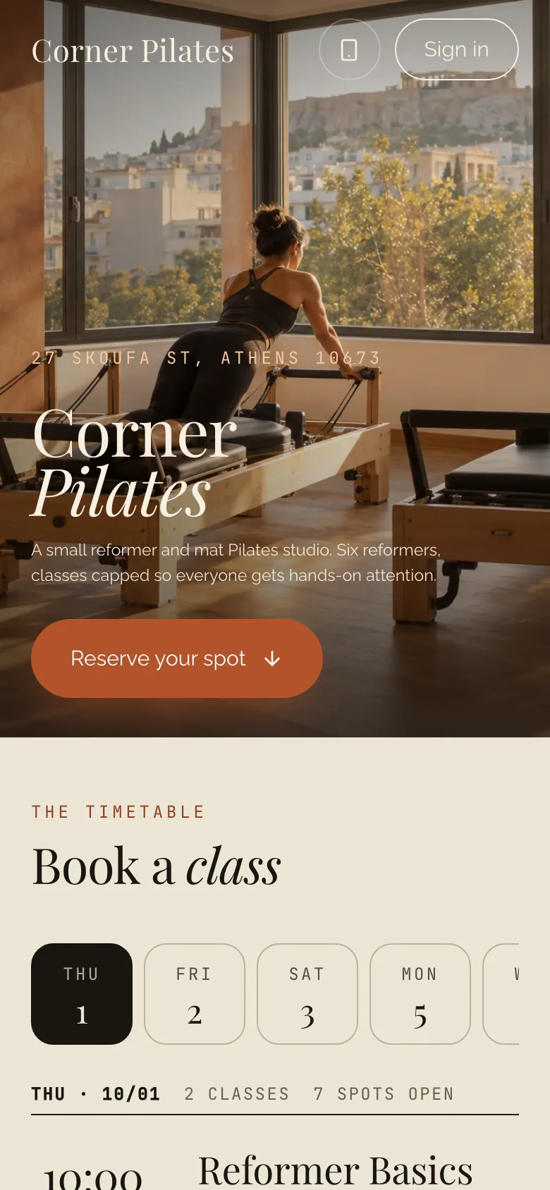 A studio's booking page on a phone, with its timetable