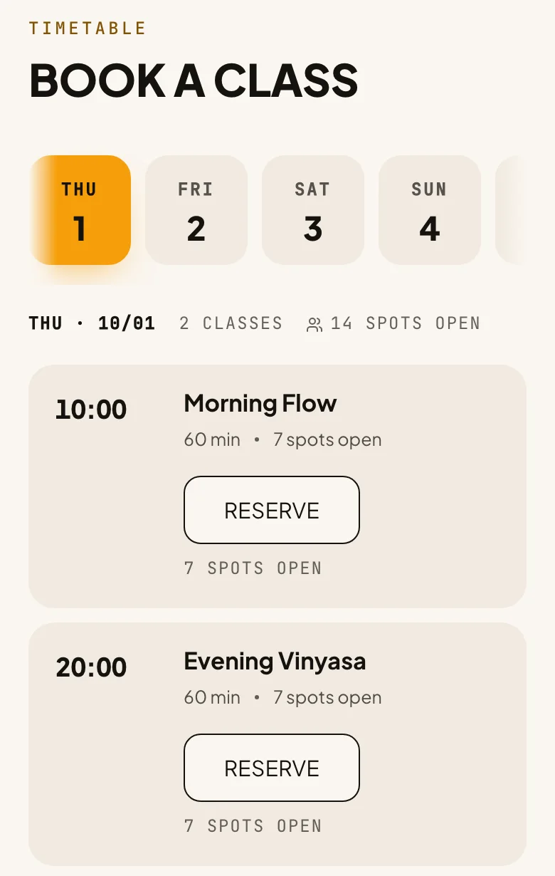 A yoga studio's timetable on a phone: two classes today, each showing 7 spots open